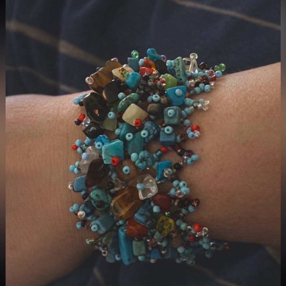 Chunky Beaded turquoise rock chip cuff bracelet